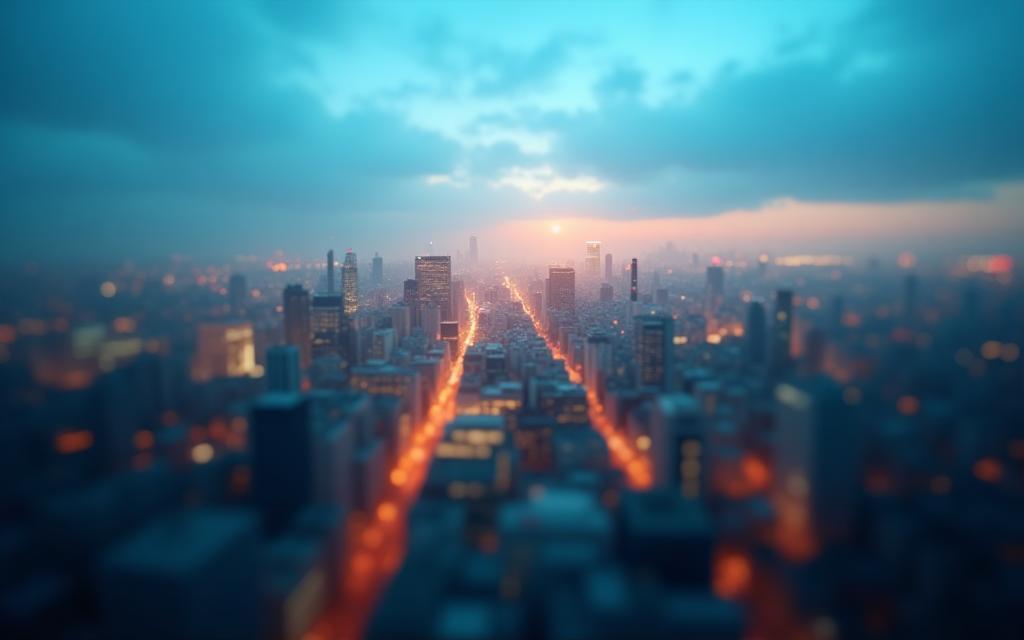 Blurred cityscape with news elements suggesting reporting and analysis